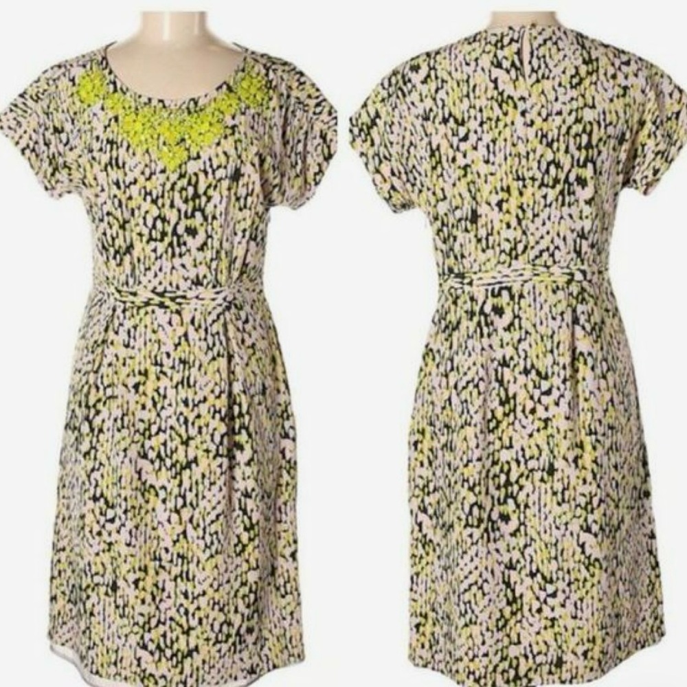 Boden Cara Neon Jeweled Bib Petal Print Fitted A-Line Short Sleeve Dress WH591